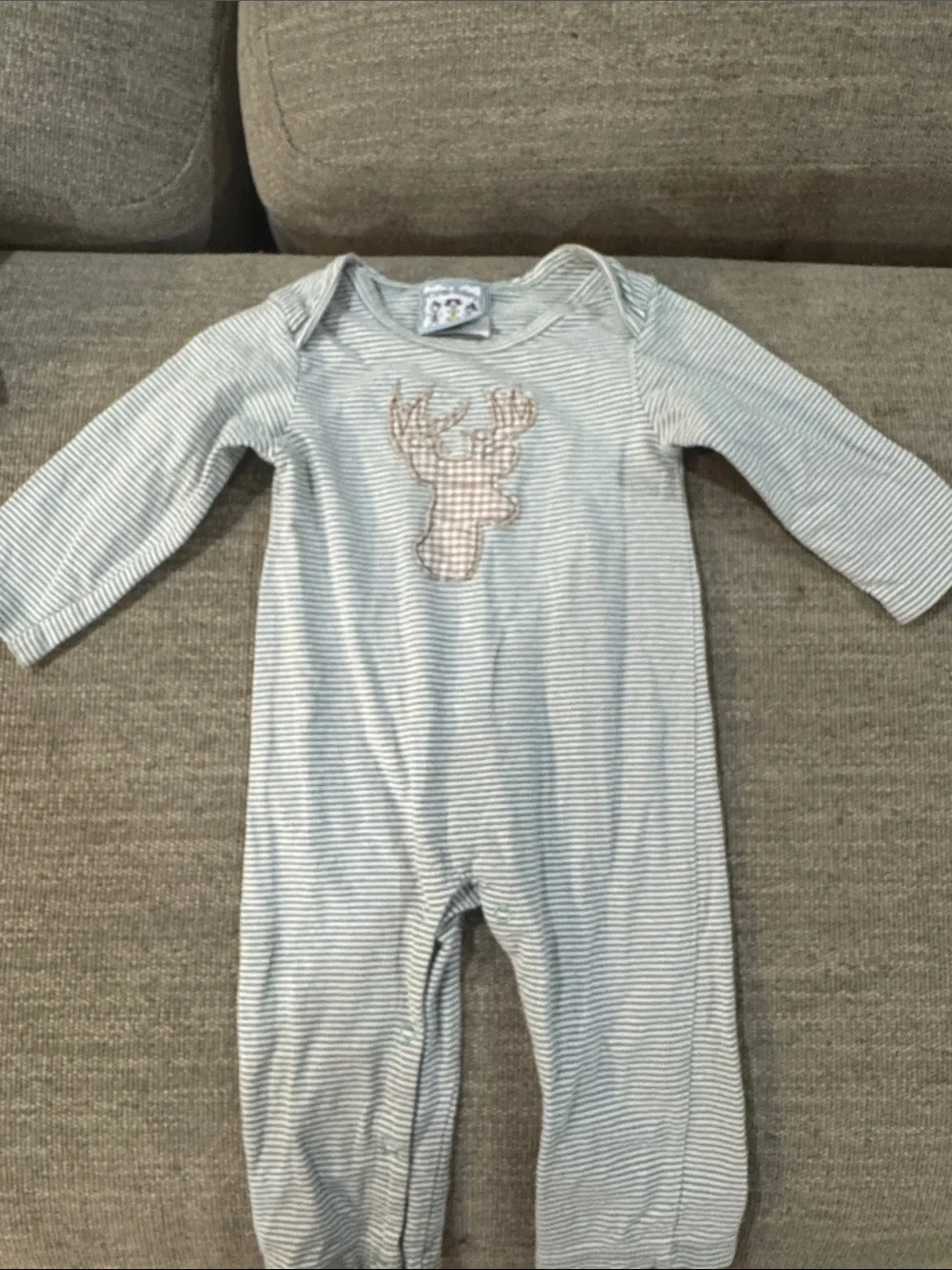 Striped Light Blue Baby One-Piece with Moose Appliqué